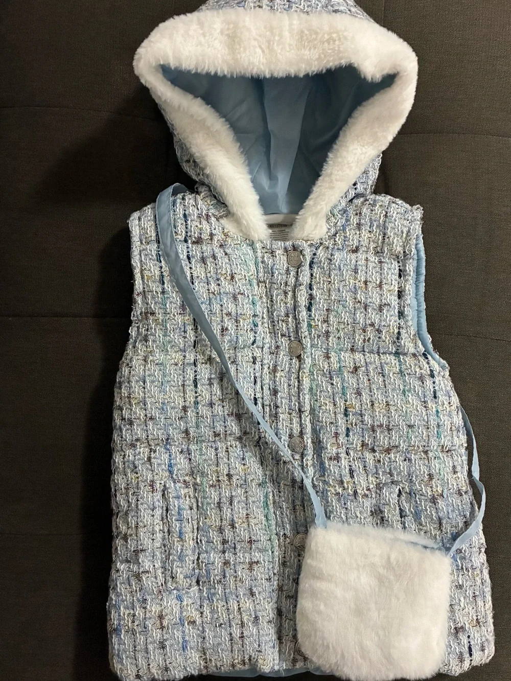 Toddler Hooded Puffer Vest with Faux Fur Trim - Light Blue